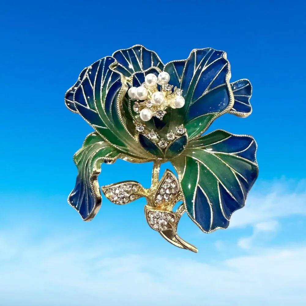Blue, Green and Gold Plated and Rhinestone Brooch #22138 - Picture 3 of 6